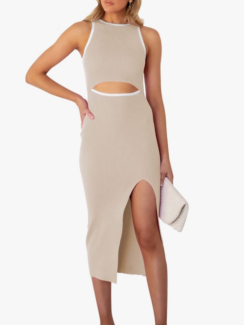 Pink Queen Cutout Knit Midi Dress Beige Cream Size S